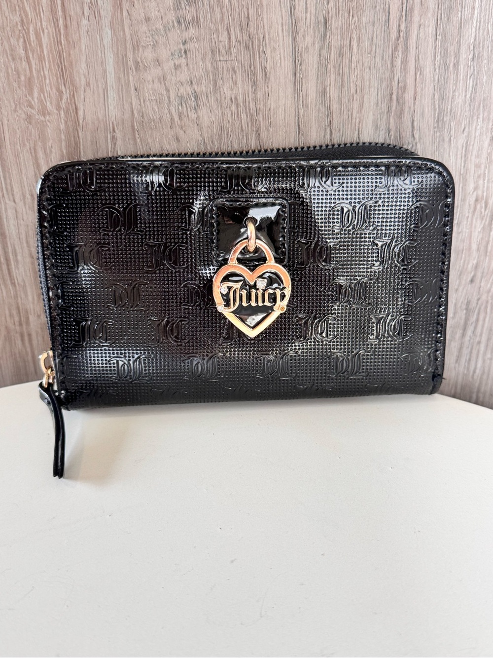 Juicy Couture Black Patent Heart Charm Zip Wallet